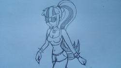 Size: 5312x2988 | Tagged: safe, artist:frikdikulous, sonata dusk, equestria girls, g4, belly button, cleavage, clothes, female, midriff, monochrome, photo, shorts, sketch, sports bra, traditional art