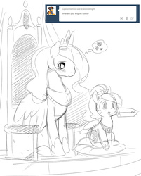 Size: 748x932 | Tagged: safe, artist:ende26, princess celestia, princess luna, g4, blushing, cute, ende will be the end of us, filly, heart, monochrome, mouth hold, sitting, sketch, smiling, sword, tumblr, woona, woona knight