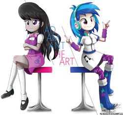 Size: 1685x1574 | Tagged: safe, artist:the-butch-x, dj pon-3, octavia melody, vinyl scratch, equestria girls, g4, album cover, boots, bowtie, clothes, crossed arms, crossed legs, duo, female, headphones, mary janes, puffy sleeves, shoes, signature, skirt, socks