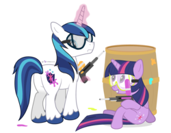 Size: 900x700 | Tagged: safe, artist:dm29, shining armor, twilight sparkle, alicorn, pony, unicorn, g4, barrel, brother and sister, butt, cute, duo, female, incorrect leg anatomy, male, paintball, paintball gun, plot, simple background, transparent background, twilight sparkle (alicorn)