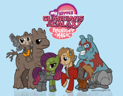 Size: 902x701 | Tagged: safe, artist:theschlogger, drax the destroyer, gamora, groot, guardians of the galaxy, ponified, rocket raccoon, star-lord