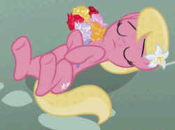 Size: 541x403 | Tagged: safe, screencap, lily, lily valley, pony, g4, slice of life (episode), animated, bouquet, cute, eyes closed, fainted, female, leg twitch, lilybetes, on back, playing dead, solo, twitching, underhoof