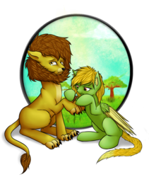 Size: 885x1050 | Tagged: safe, artist:farcuf, oc, oc only, oc:farcuf, oc:soft paw, big cat, lion, pegasus, pony, africa, animal, colored wings, colored wingtips, crying, cutie mark, duo, ear fluff, frown, helping, hoof hold, lidded eyes, looking at you, raised paw, sad, simple background, sitting, story, transparent background, wavy mouth, wing fluff