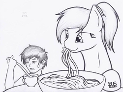 Size: 1080x810 | Tagged: safe, artist:suspega, oc, oc only, oc:anon, oc:generic messy hair anime anon, oc:nurse soma, human, pony, eating, food, giant pony, monochrome, noodles, size difference, slurp, sweatdrop