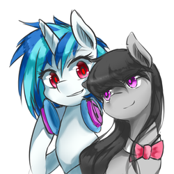 Size: 1000x1000 | Tagged: safe, artist:luciferamon, dj pon-3, octavia melody, vinyl scratch, earth pony, pony, unicorn, g4, bow, bowtie, colored pupils, female, headphones, lesbian, looking at each other, mare, ship:scratchtavia, shipping, simple background, smiling, white background