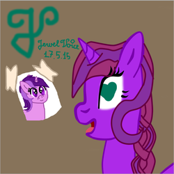 Size: 542x543 | Tagged: safe, artist:purpleloverpony, derpibooru exclusive, amethyst star, sparkler, oc, oc:jewel voice, pony, unicorn, g4, eyes on the prize, heart eyes, open mouth, picture, smiling, tongue out, wingding eyes