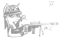 Size: 1280x846 | Tagged: safe, artist:mane-shaker, oc, oc only, oc:mane shaker, pony, unicorn, cigar, ear fluff, gun, helmet, looking at you, monochrome, smoking, solo, traditional art