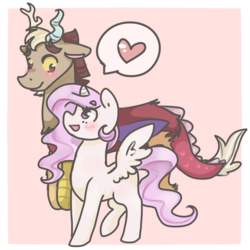 Size: 800x800 | Tagged: safe, artist:chocolateponi, discord, princess celestia, g4, cewestia, female, filly, heart, male, ship:dislestia, shipping, simple background, straight