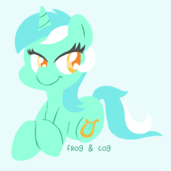 Size: 960x960 | Tagged: safe, artist:frog&cog, artist:gopherfrog, lyra heartstrings, pony, unicorn, g4, amputee, background pony, colored pupils, heartstrings, lidded eyes, simple background, smiling