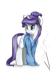 Size: 4961x7016 | Tagged: safe, artist:candylux, rarity, pony, unicorn, g4, :t, absurd resolution, atryl-ish, chinese, clothes, cute, female, incense, long sleeves, shirt, smiling, solo, standing