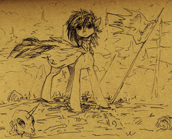 Size: 1766x1435 | Tagged: safe, artist:koviry, oc, oc only, oc:sandy vain, flag, monochrome, sketch, skull, solo