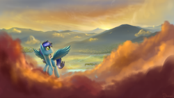 Size: 1920x1080 | Tagged: dead source, safe, artist:shamanguli, oc, oc only, oc:electroshock, pegasus, pony, cloud, cloudy, flying, mountain, scenery, solo