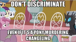 Size: 500x275 | Tagged: safe, screencap, aura (g4), boysenberry, cotton cloudy, first base, kevin, ruby pinch, sassaflash, twinkleshine, changeling, g4, slice of life (episode), comments locked down, debate in the comments, image macro, meme