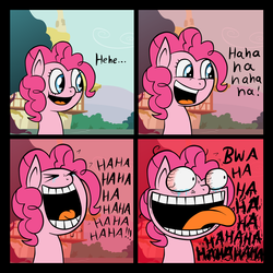 Size: 2038x2038 | Tagged: safe, artist:kleineluhnar, pinkie pie, earth pony, pony, g4, comic, creepy, female, flanderization, high res, insanity, laughing, mare, nightmare fuel, reaction image, sanity slippage, solo, xk-class end-of-the-world scenario