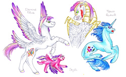 Size: 6876x4208 | Tagged: safe, artist:dawn22eagle, princess skyla, oc, oc:bright topaz, oc:diamond blade, pegasus, pony, unicorn, g4, absurd resolution, alternate design, blood, colored wings, foal, gradient wings, horn, male, nudity, pegasus oc, sheath, species swap, tail feathers, unicorn oc, wings