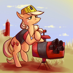 Size: 3000x3000 | Tagged: safe, artist:impcjcaesar, artist:imsokyo, applejack, g4, crossover, engiejack, engineer, engineer (tf2), female, high res, sentry, solo, team fortress 2