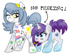Size: 4267x3200 | Tagged: safe, artist:partypievt, oc, oc only, oc:indigo wire, oc:open canvas, pony, unicorn, competition, contest, couple, double, gradient legs, headband, mascot, paint, paint on fur, paintbrush, piercing, simple background, tattoo, transparent background