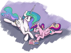 Size: 1280x960 | Tagged: safe, artist:silfoe, princess cadance, princess celestia, alicorn, pony, royal sketchbook, g4, comic, cute, duo, female, mare, missing accessory, open mouth, prone, smiling, teen princess cadance, younger