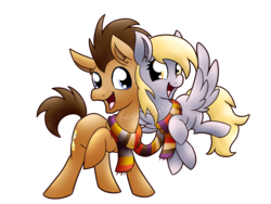Size: 1024x768 | Tagged: safe, artist:amberlea-draws, derpy hooves, doctor whooves, time turner, earth pony, pony, g4, slice of life (episode), clothes, cute, fourth doctor, happy, like a million bits, male, scarf, shared clothing, shared scarf, ship:doctorderpy, shipping, simple background, smiling, stallion, straight, transparent background