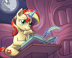 Size: 1636x1332 | Tagged: safe, artist:nauth, sunset shimmer, pony, unicorn, g4, backwards cutie mark, book, female, library, moon, quill, solo
