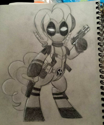 Size: 1032x1236 | Tagged: safe, artist:drawponies, pinkie pie, earth pony, pony, g4, bipedal, clothes, cosplay, costume, crossover, deadpool, female, gun, hoof hold, marvel, monochrome, photo, pinkiepool, solo, sword, traditional art, weapon