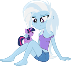 Size: 3340x3089 | Tagged: safe, artist:zacatron94, trixie, twilight sparkle, alicorn, pony, equestria girls, g4, barefoot, belly button, blue skin, cleavage, clothes, cutie mark, denim shorts, feet, female, high res, implied twixie, midriff, multicolored hair, multicolored mane, multicolored tail, plushie, purple eyes, purple fur, sad, shorts, simple background, sitting, sitting on ground, solo, tank top, teary eyes, tomboy, transparent background, twilight sparkle (alicorn), twilight sparkle plushie, vector