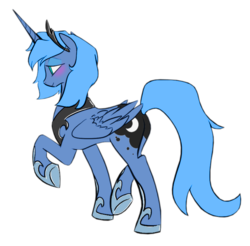 Size: 700x690 | Tagged: safe, artist:egophiliac, artist:rinku, color edit, edit, princess luna, alicorn, pony, g4, blushing, butt, colored, crown, female, hoof shoes, jewelry, looking away, mare, peytral, plot, raised hoof, regalia, s1 luna, simple background, smiling, solo, transparent background
