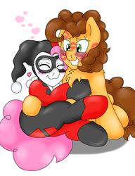 Size: 1558x2029 | Tagged: safe, artist:blackbewhite2k7, cheese sandwich, pinkie pie, earth pony, pony, g4, blushing, commission, cosplay, costume, crossover, cuddling, dc comics, duo, female, harley quinn, heart, kiss mark, kissing, lipstick, male, mare, pinkie quinn, ship:cheesepie, shipping, snuggling, stallion, straight