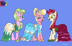 Size: 1095x707 | Tagged: safe, artist:jowyb, daisy, flower wishes, lily, lily valley, roseluck, g4, clothes, dress, female, flower trio, gala dress, rose, trio, trio female