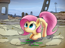 Size: 1600x1178 | Tagged: safe, artist:anti1mozg, fluttershy, pegasus, pony, g4, behaving like a dog, blank flank, cute, fallout, fallout 4, female, flutterdog, mare, shyabetes, solo