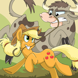 Size: 1000x1000 | Tagged: safe, artist:spainfischer, applejack, bull, cow, earth pony, pony, g4, cloven hooves, cowboy hat, female, hat, lasso, male, mare, rope