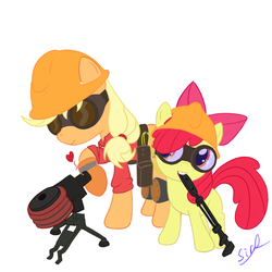 Size: 900x900 | Tagged: dead source, safe, artist:sirradical, apple bloom, applejack, earth pony, pony, g4, adorabloom, crossover, cute, engie bloom, engiejack, engineer, engineer (tf2), female, filly, goggles, helmet, jackabetes, mare, sibling bonding, simple background, sisters, team fortress 2, white background, wrench