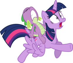 Size: 3573x3085 | Tagged: safe, artist:porygon2z, spike, twilight sparkle, alicorn, dragon, pony, castle sweet castle, g4, dragons riding ponies, female, high res, male, mare, riding, riding a pony, simple background, spike riding twilight, transparent background, twilight sparkle (alicorn), vector, wing pull