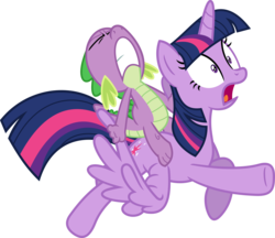 Size: 3573x3085 | Tagged: safe, artist:porygon2z, spike, twilight sparkle, alicorn, dragon, pony, castle sweet castle, g4, season 5, abuse, dragons riding ponies, duo, duo male and female, female, high res, male, mare, riding, riding a pony, simple background, spike riding twilight, transparent background, twilight sparkle (alicorn), twilybuse, vector, wing pull, wingless spike