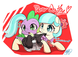 Size: 1023x752 | Tagged: safe, artist:kmart0614, coco pommel, spike, g4, cathy weseluck, cocobetes, cute, daaaaaaaaaaaw, dialogue, female, formal wear, hakama, hnnng, kimono (clothing), male, ship:cocospike, shipping, spikabetes, straight