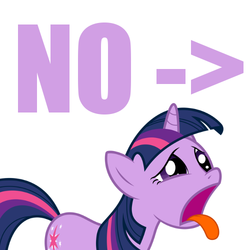 Size: 500x500 | Tagged: safe, twilight sparkle, pony, unicorn, g4, bleh, female, juxtaposition bait, meta, no, purple text, simple background, solo, tongue out, unicorn twilight, white background