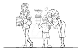 Size: 900x577 | Tagged: safe, artist:franschesco, rarity, spike, twilight sparkle, human, g4, age difference, book, breasts, busty rarity, child, clothes, dress, female, heart, human spike, humanized, male, monochrome, ship:sparity, shipping, skirt, spikelove, straight, straight shota, super strength, trio