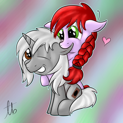 Size: 3000x3000 | Tagged: safe, artist:laptopbrony, oc, oc only, oc:crab apple, oc:ryo disk, crabdisk, cuddling, ear bite, heart, high res, oc x oc, shipping, snuggling