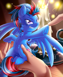 Size: 2300x2800 | Tagged: safe, artist:knifeh, oc, oc only, oc:andrew swiftwing, human, pegasus, pony, armpits, cutie mark, foal, grin, hand, high res, male, solo, stallion, tiny, underhoof