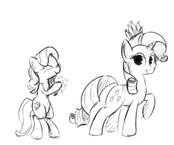 Size: 1200x1000 | Tagged: safe, artist:cheshiresdesires, diamond tiara, rarity, pony, g4, accessory swap, bipedal, clapping, cute, eyes closed, monochrome, raised hoof, sketch, smiling, tiara
