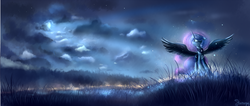 Size: 2350x1000 | Tagged: dead source, safe, artist:shamanguli, princess luna, g4, female, moon, night, solo