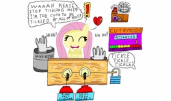 Size: 1167x684 | Tagged: safe, artist:rainofbladess, fluttershy, g4, 1000 hours in ms paint, belly button, colorful, feather, female, fetish, kindness, laughing, ms paint, solo, tickle fetish, tickling, tickling machine, writing