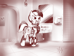 Size: 3072x2304 | Tagged: safe, artist:anti1mozg, oc, oc only, oc:blackjack, pony, unicorn, fallout equestria, fallout equestria: project horizons, bedroom eyes, clothes, cuffs, cutie mark, fanfic, fanfic art, female, high res, hooves, horn, jumpsuit, mare, monochrome, pipbuck, solo, teeth, vault suit