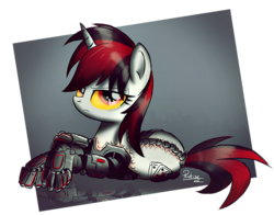 Size: 959x753 | Tagged: safe, artist:ruhisu, oc, oc only, oc:blackjack, cyborg, pony, unicorn, fallout equestria, fallout equestria: project horizons, amputee, cybernetic legs, level 2 (project horizons), solo