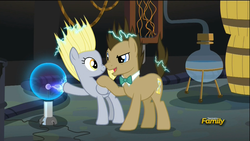 Size: 1920x1080 | Tagged: safe, screencap, derpy hooves, doctor whooves, time turner, earth pony, pegasus, pony, g4, slice of life (episode), boop, doctor whooves' lab, duo, electricity, female, male, mane, mare, nose wrinkle, noseboop, stallion