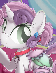 Size: 992x1292 | Tagged: safe, artist:sip, sweetie belle, g4, collar, female, garter, saddle, solo