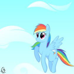 Size: 3413x3413 | Tagged: safe, artist:thetidbit, rainbow dash, pegasus, pony, g4, day, female, flying, high res, looking up, mare, sky, solo