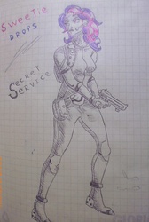 Size: 3102x4608 | Tagged: safe, artist:dashprime, bon bon, sweetie drops, human, g4, slice of life (episode), female, gun, humanized, secret agent sweetie drops, solo, traditional art