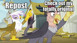 Size: 1920x1064 | Tagged: safe, edit, screencap, gilda, grampa gruff, griffon, g4, the lost treasure of griffonstone, blind eye, discovery family logo, duo, eye scar, female, fez, frown, gilda is not amused, hat, image macro, imitation, looking at you, male, meme, meta, open mouth, pointing, scar, smiling, unamused