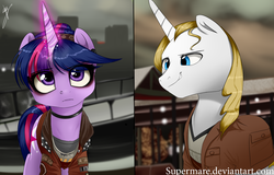Size: 1534x984 | Tagged: safe, artist:supermare, prince blueblood, twilight sparkle, g4, abigail "fetch" walker, clothes, crossover, infamous, infamous first light, nose ring, piercing